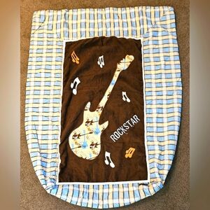 Trend Lab Guitar Baby Quilt Brown Blue Orange Plaid Trim Music Notes Security